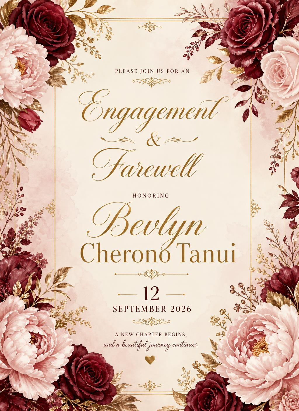 Invitation card for the Engagement and Farewell of Bevlyn Cherono Tanui